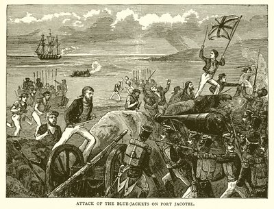 Angriff der blauen Jacken auf Port Jacotel von English School