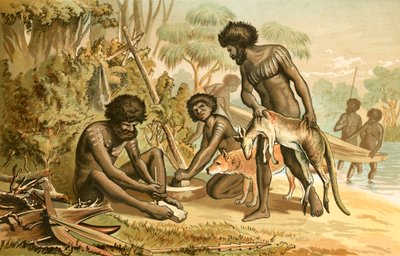 Australische Ureinwohner bereiten eine Mahlzeit vor von English School