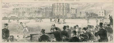 Australische Cricketspieler im Kennington Oval: Lord Harris (Kapitän des englischen Teams) rettet einen 4er von English School