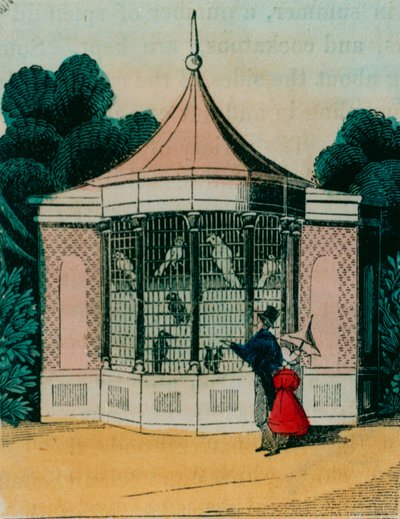 Voliere für Papageien und Kakadus im Londoner Zoo. 1840er Jahre von English School