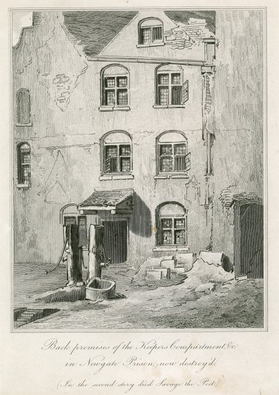 Hinterhof des Wärterbereichs im Newgate-Gefängnis. Im zweiten Stock starb der Dichter Richard Savage von English School