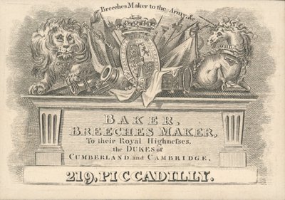 Baker, Hosenmacher, 219 Piccadilly, Visitenkarte von English School