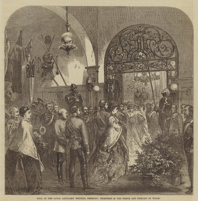 Ball auf dem Gelände der Royal Artillery, Finsbury, Empfang des Prinzen und der Prinzessin von Wales (Gravur) von English School