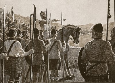 Bannockburn: Bruce inspiziert seine Truppen vor der Schlacht, Illustration aus Cassells Illustrierter Geschichte Englands von English School