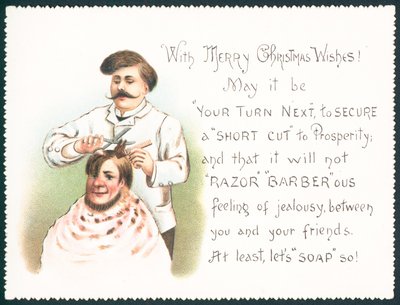 Friseur schneidet Haare, Weihnachtskarte von English School