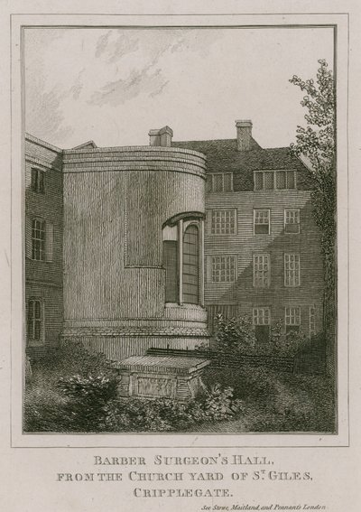 Barber Surgeons Hall, Monkwell Street, London, gesehen vom Kirchhof von St Giles, Cripplegate von English School