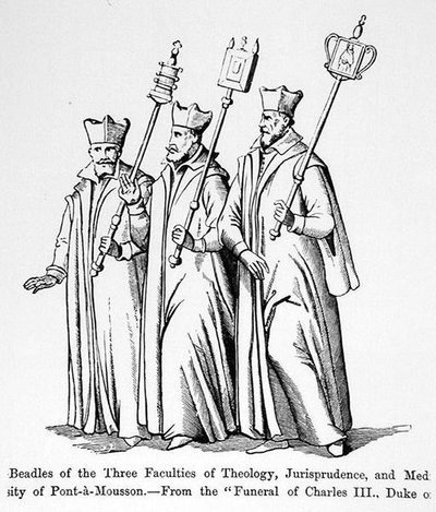 Pedelle der drei Fakultäten Theologie, Rechtswissenschaft und Medizin, aus Die Beerdigung von Karl III. (1543-1608) Herzog von Lothringen, Illustration aus Wissenschaft und Literatur im Mittelalter und der Renaissance von English School
