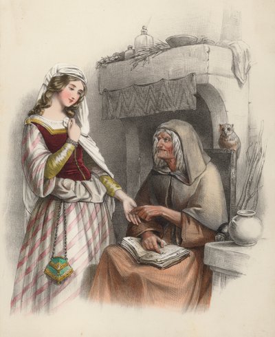 Schönes junges Mädchen besucht eine Hexe, um sich über die Zukunft beraten zu lassen von English School