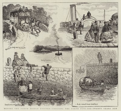 Bevor die Forth Bridge existierte, Überquerung des Forth vor fünfundzwanzig Jahren (Gravur) von English School
