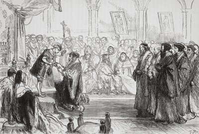 Beza überreicht dem König das Glaubensbekenntnis der französischen protestantischen Kirche beim Kolloquium von Poissy, Illustration aus Die Geschichte des Protestantismus von James Aitken Wylie, veröffentlicht 1878 von English School