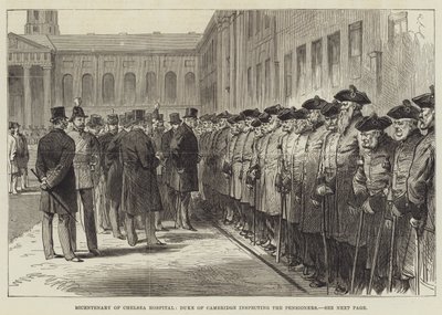 Zweihundertjahrfeier des Chelsea Hospitals, Herzog von Cambridge inspiziert die Pensionäre (Stich) von English School