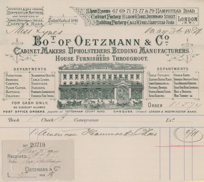 Rechnung von Oetzmann & Co, Möbelhersteller, Polsterer, Bettwarenhersteller und Hauseinrichter von English School