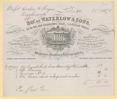 Rechnung von Waterlow and Sons, 66-68 Carpenters Hall, London Wall, Schreibwarenhändler von English School