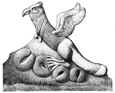 Vogel mit ausgebreiteten Flügeln und phallischem Schwanz, der auf vier Eiern sitzt, gallo-römische Skulptur aus Nîmes in Frankreich von English School