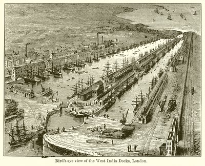 Vogelperspektive der West India Docks, London von English School
