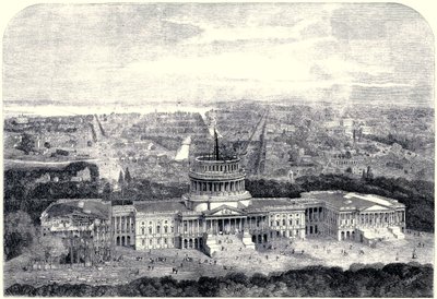 Vogelperspektive der Stadt Washington 1861, mit dem Kapitol im Bau im Vordergrund (digital gereinigte Version) von English School