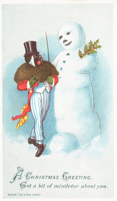Schwarzer Mann spricht mit Schneemann, Weihnachtskarte von English School