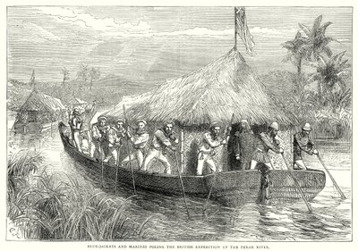 Blaue Jacken und Marinesoldaten staken die britische Expedition den Perak-Fluss hinauf (Gravur) von English School