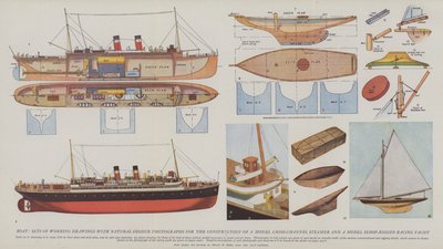 Boot, Sets von Arbeitszeichnungen mit natürlichen Farbfotografien für den Bau eines Modellkanaldampfers und einer Modell-Sloop-Rennyacht von English School