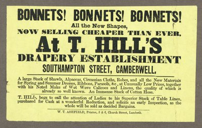 Bonnets! Bonnets! Bonnets! bei T Hills, Southampton Street, Camberwell, London von English School