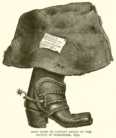 Stiefel, getragen von Captain Lench in der Schlacht von Worcester, 1651 von English School