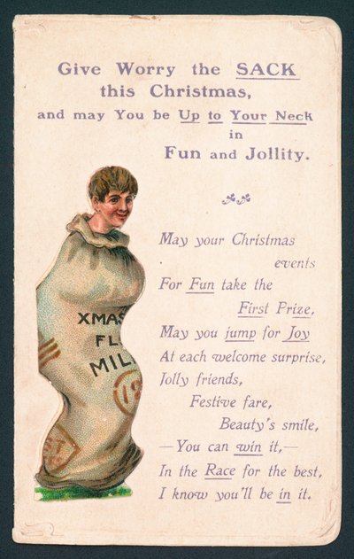 Junge steht in einem Sack! Weihnachtskarte von English School