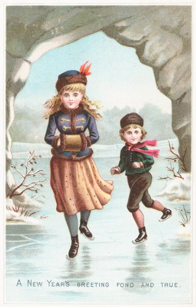 Junge und Mädchen beim Schlittschuhlaufen, Neujahrskarte von English School