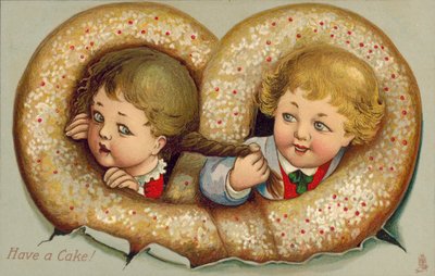 Junge und Mädchen in einem Kuchen verschlungen (Farblithografie) von English School