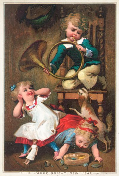 Junge bläst Horn, Neujahrskarte von English School