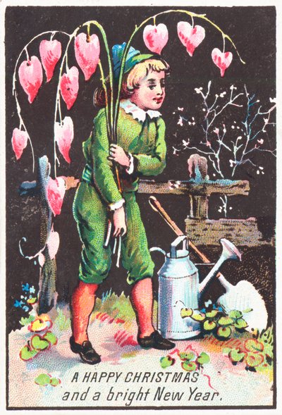 Junge trägt Tränendes Herz Blumen, Weihnachtskarte von English School