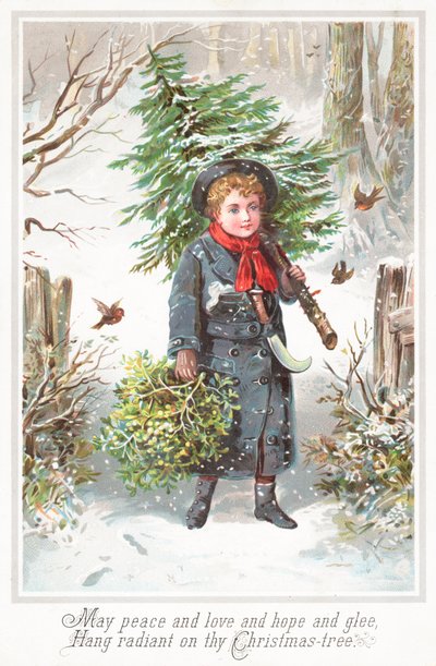 Junge trägt Weihnachtsbaum auf der Schulter, Weihnachtskarte von English School