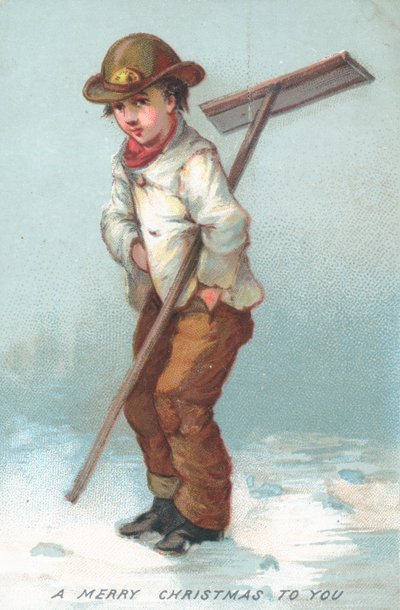 Junge räumt Schnee weg, Weihnachtskarte von English School