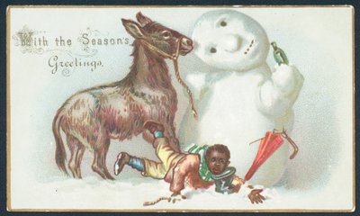 Junge fällt vom Esel im Schnee, Weihnachtskarte von English School