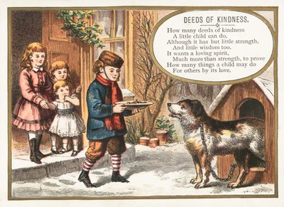 Junge füttert Hund im Zwinger, Weihnachtskarte von English School