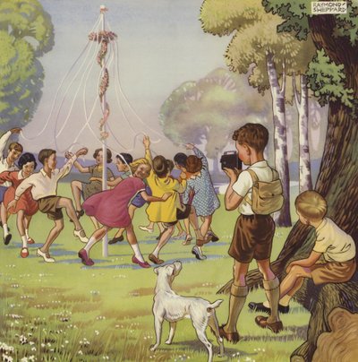 Junge filmt Kinder, die um einen Maibaum tanzen von English School