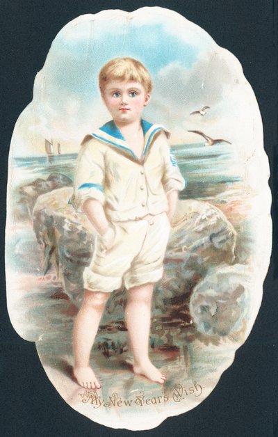 Junge watet im Meer, Neujahrskarte von English School