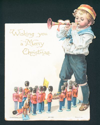 Junge spielt mit Zinnsoldaten und bläst Trompete, Weihnachtskarte von English School