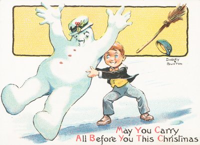 Junge schiebt Schneemann auf Eis, Weihnachtskarte von English School