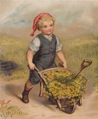 Junge schiebt eine Schubkarre voller Blumen von English School