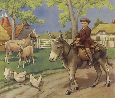 Junge reitet auf einem Esel in der englischen Landschaft von English School