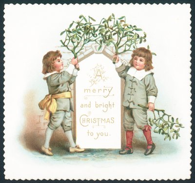 Jungen hängen Mistelzweig auf, Weihnachtskarte von English School