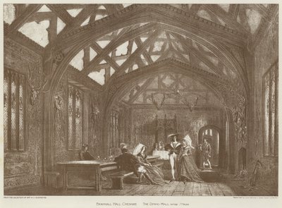 Bramhall Hall, Cheshire, Der Speisesaal (Lithografie) von English School