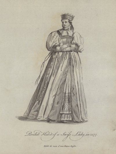 Brautkleid einer Schweizer Dame im Jahr 1577 (Stich) von English School