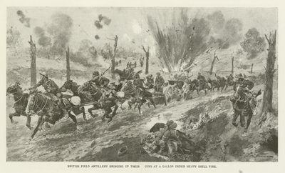 Britische Feldartillerie bringt ihre Geschütze im Galopp unter schwerem Granatfeuer vor, Erster Weltkrieg von English School