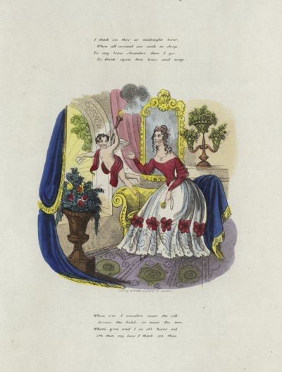Britische Valentinskarte mit einem Bild eines Cherubs, der eine Valentinskarte von einer Frau überbringt von English School
