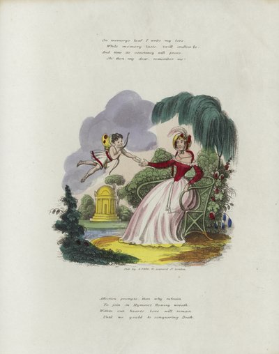 Britische Valentinskarte mit einem Bild eines Cherubs, der eine Valentinskarte an eine Frau überbringt von English School