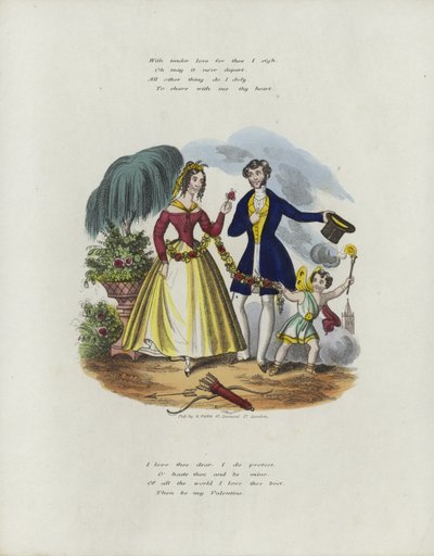 Britische Valentinskarte mit einem Bild eines Cherubs, der eine Frau mit einer Blumenschnur zieht von English School
