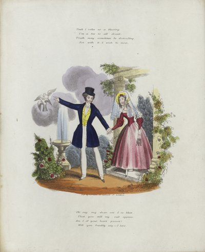 Britische Valentinskarte mit einem Bild eines Mannes und einer Frau, die sich an den Händen halten von English School