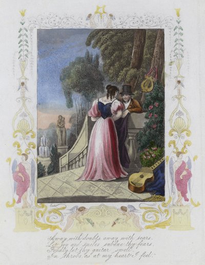 Britische Valentinskarte mit einem Bild eines Mannes und einer Frau auf einer Gartenterrasse von English School