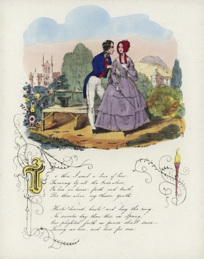 Britische Valentinskarte mit einem Bild eines Mannes und einer Frau, die in einem Garten spazieren von English School